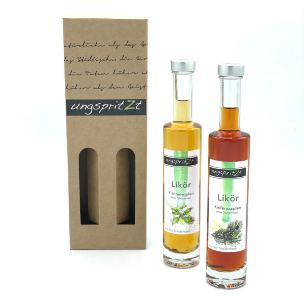 ungspritzt-Likör | Kiefernzapfen & Fichtenwipferl,  2 x 100ml in Geschenkkarton
